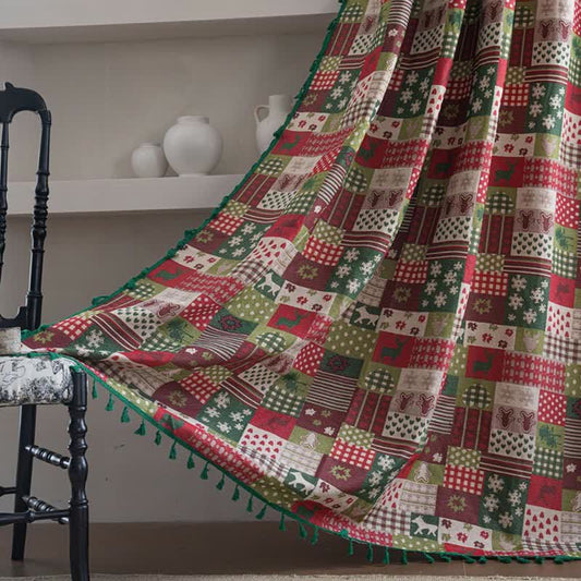 Rideau patchwork à pompons et imprimé de Noël - passe-tringle - 150 cm x 260 cm - image 0