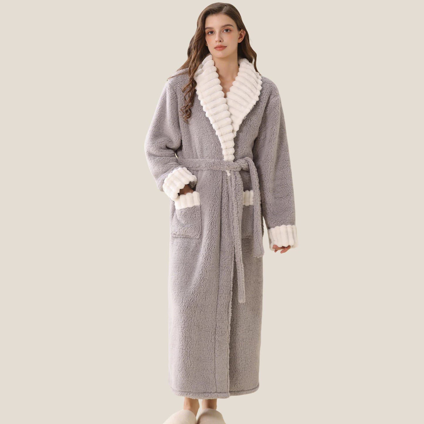 Peignoir long en polaire douce avec poches - Gris - XL - image 0