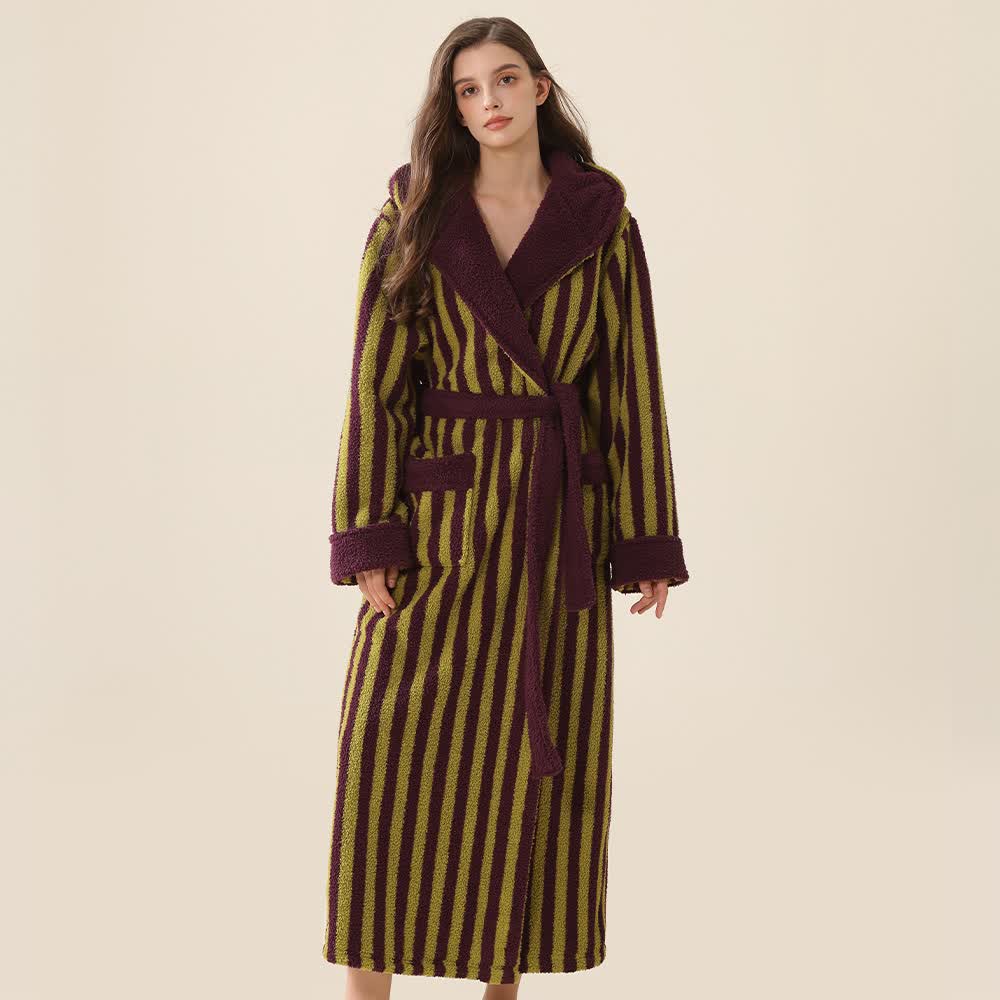 Peignoir unisexe chaud en polaire rayée avec capuche - Violet et vert - XL - image 8