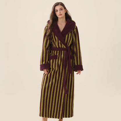 Peignoir unisexe chaud en polaire rayée avec capuche - Violet et vert - XL - image 8