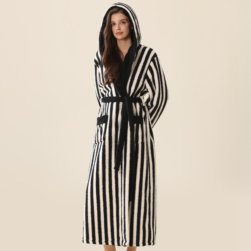 Peignoir unisexe chaud en polaire rayée avec capuche - Noir et blanc - XL - image 4