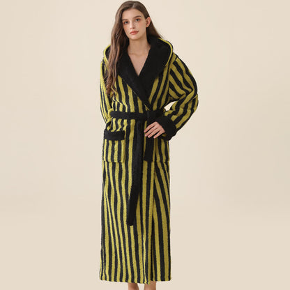 Peignoir unisexe chaud en polaire rayée avec capuche - Noir et vert - XL - image 3