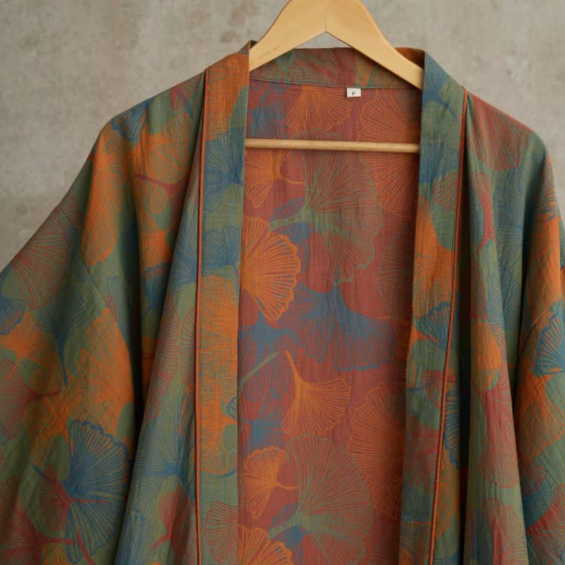 Peignoir kimono en coton imprimé feuilles de ginkgo - image 3