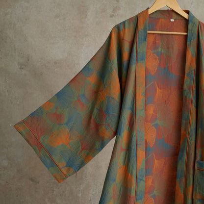 Peignoir kimono en coton imprimé feuilles de ginkgo - image 1