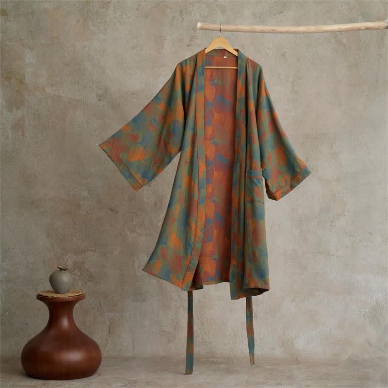 Peignoir kimono en coton imprimé feuilles de ginkgo - L - image 0