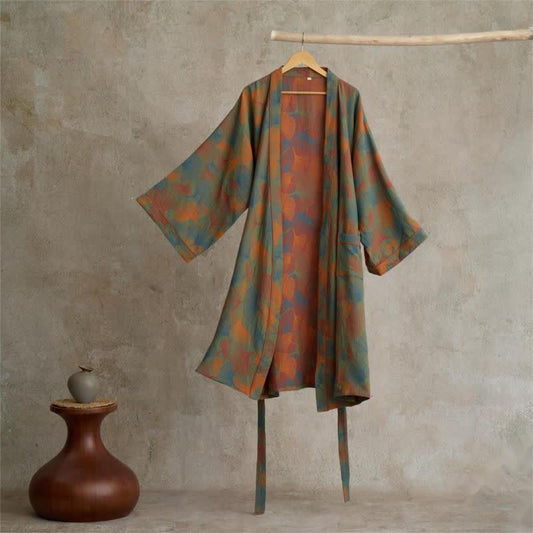 Peignoir kimono en coton imprimé feuilles de ginkgo - L - image 0