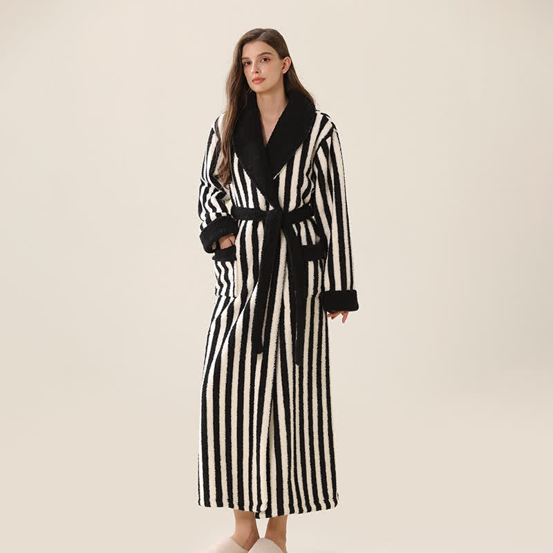 Peignoir long unisexe chaud en polaire rayée - Noir et blanc - XL - image 4