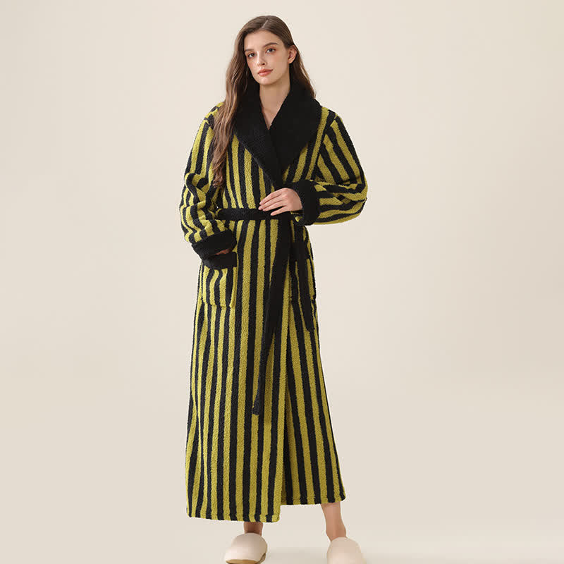 Peignoir long unisexe chaud en polaire rayée - Noir et vert - XL - image 6