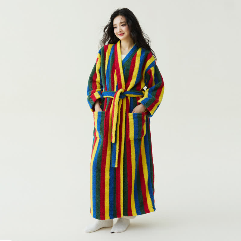 Peignoir chaud en peluche à rayures contrastées - Multicolore - XL - image 0