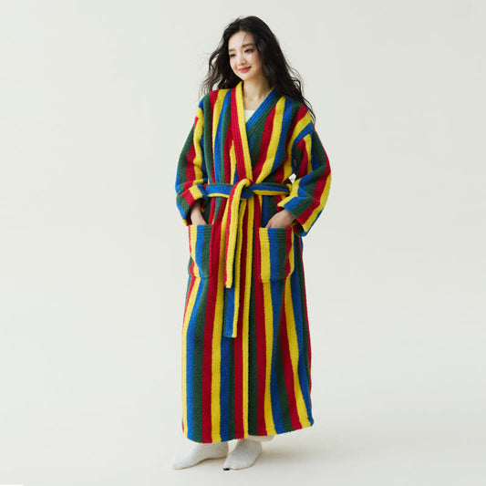 Peignoir chaud en peluche à rayures contrastées - Multicolore - XL - image 0