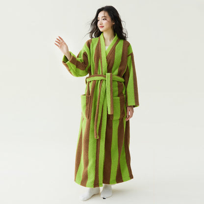Peignoir chaud en peluche à rayures contrastées - Vert - XL - image 3