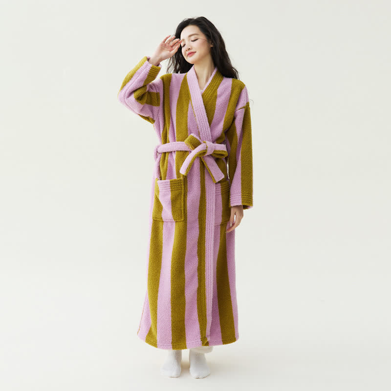 Peignoir chaud en peluche à rayures contrastées - rose foncé - XL - image 2
