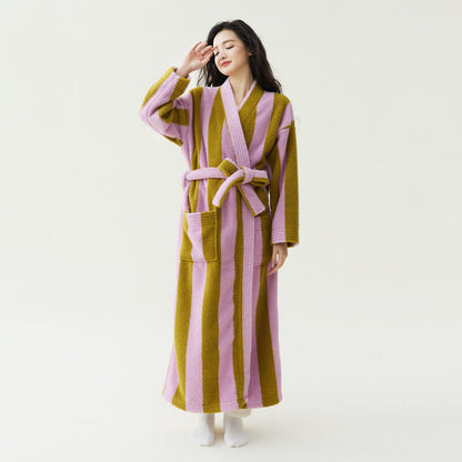 Peignoir chaud en peluche à rayures contrastées - rose foncé - XL - image 2
