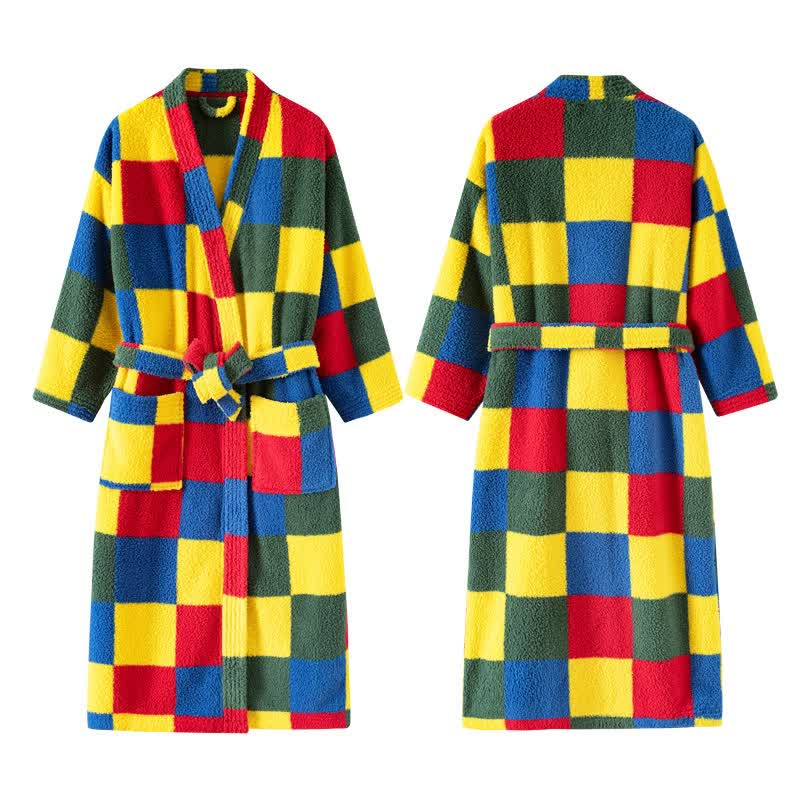 Manteau en peluche long, chaud et coloré à carreaux - image 2