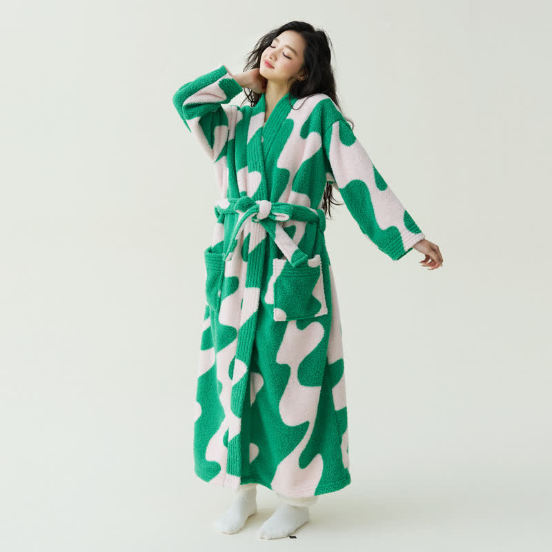 Peignoir en peluche avec motif ondulé en blocs de couleurs - Vert et blanc - XL - image 0