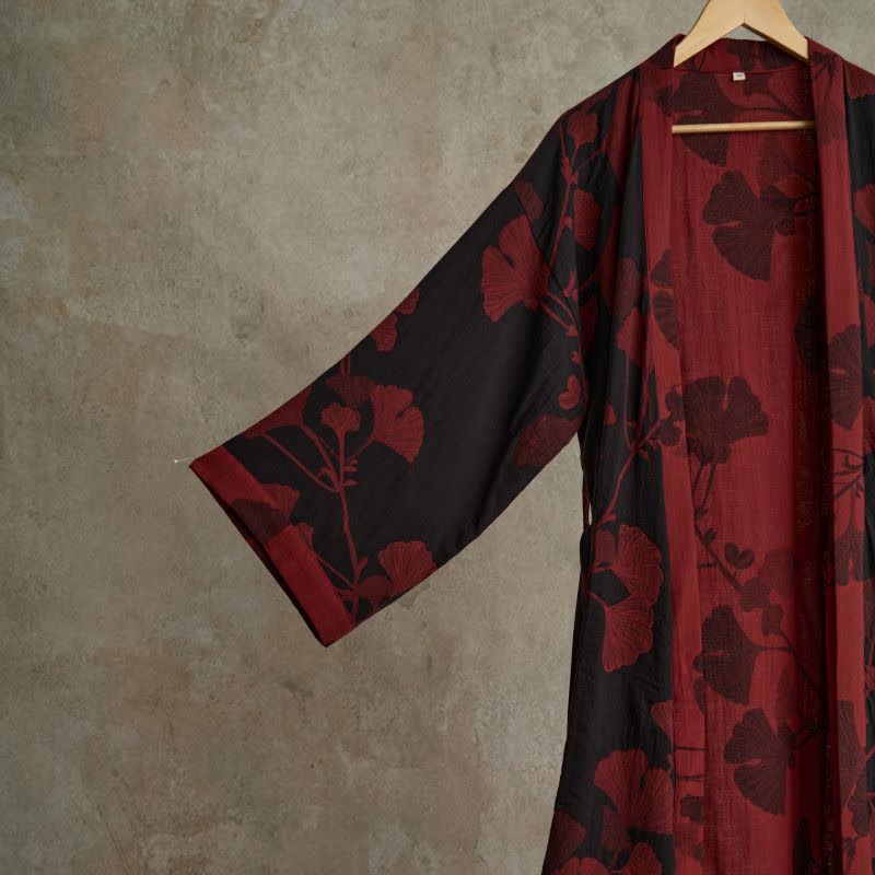 Grand peignoir kimono en coton avec feuilles de ginkgo - image 16