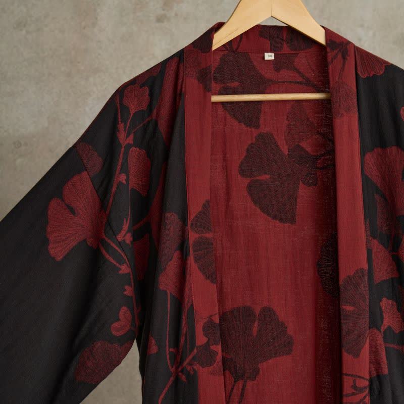 Grand peignoir kimono en coton avec feuilles de ginkgo - image 17