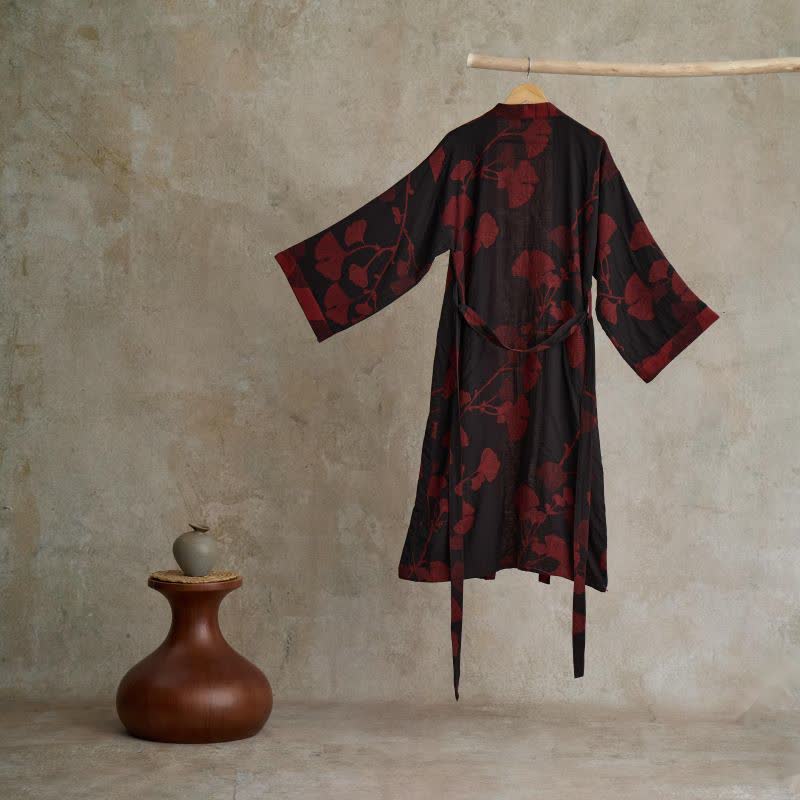 Grand peignoir kimono en coton avec feuilles de ginkgo - image 14