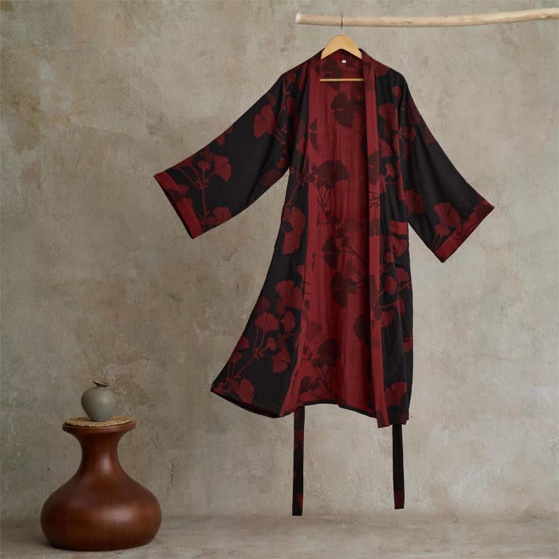 Grand peignoir kimono en coton avec feuilles de ginkgo - Noir et rouge - 2XL - image 13
