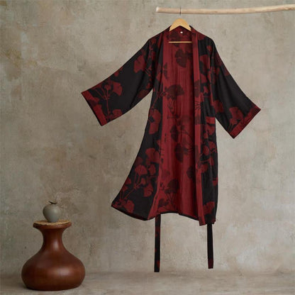 Grand peignoir kimono en coton avec feuilles de ginkgo - Noir et rouge - 2XL - image 13