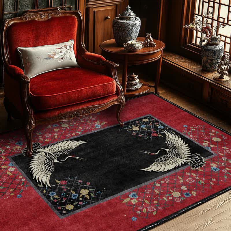 Tapis antidérapant avec motif floral de grue à couronne rouge - 153 cm x 244 cm - image 0