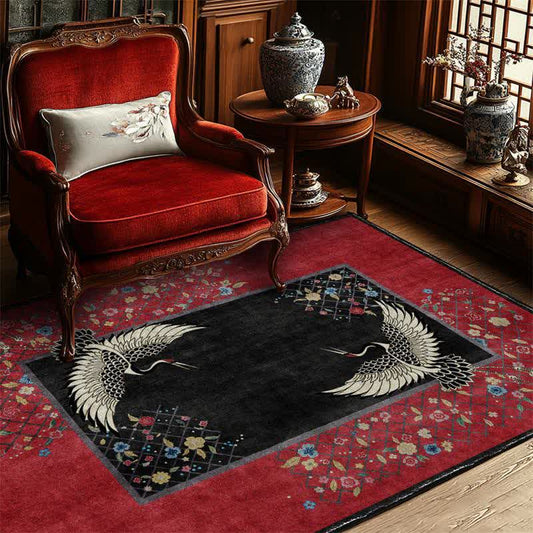 Tapis antidérapant avec motif floral de grue à couronne rouge - 153 cm x 244 cm - image 0