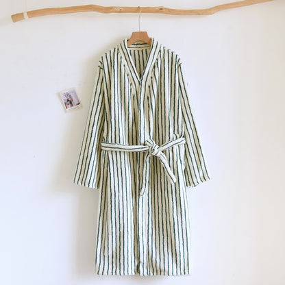Peignoir en flanelle simple, rayé et chaud - Beige et vert - L - image 12