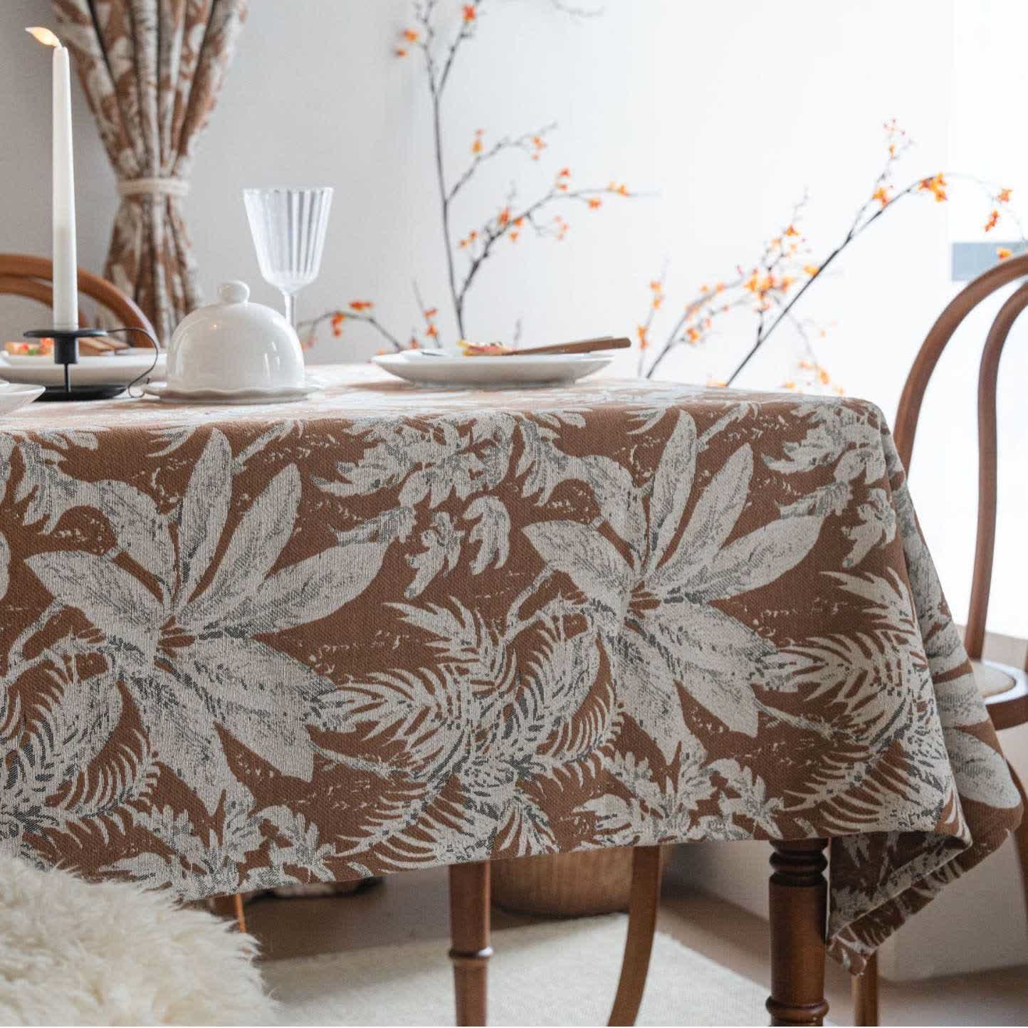 Nappe jacquard à motif de feuilles d'îles tropicales - Kaki - 140 cm x 260 cm - image 1