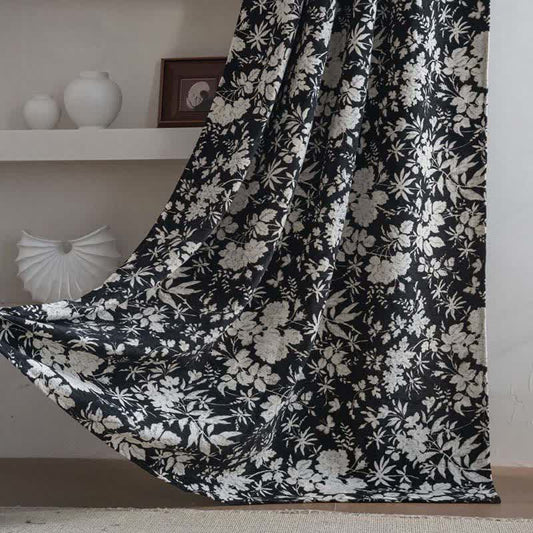Rideau jacquard de style pastoral à motif floral - passe-tringle - Noir - 140 cm x 260 cm - image 0