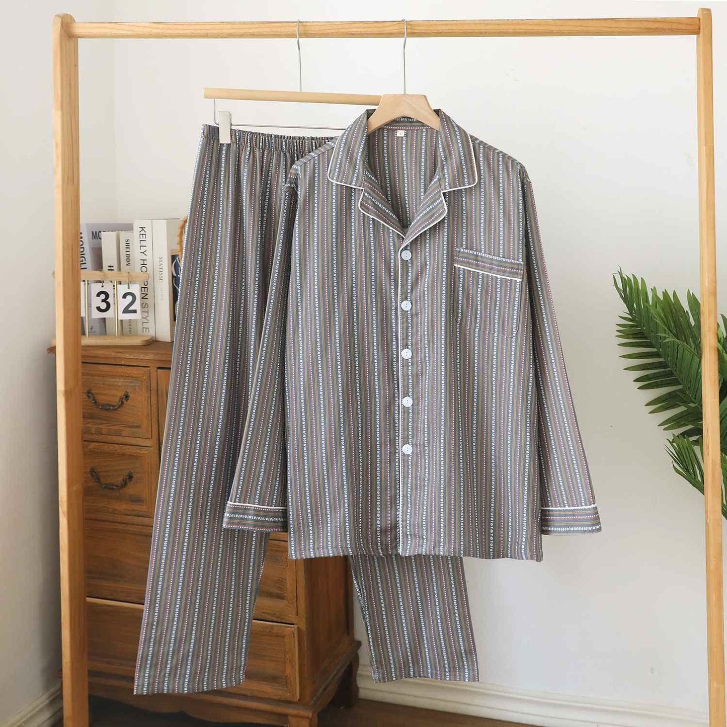 Ensemble de vêtements d'intérieur assortis en gaze de coton rayée - Gris - Hommes - XXL - image 7