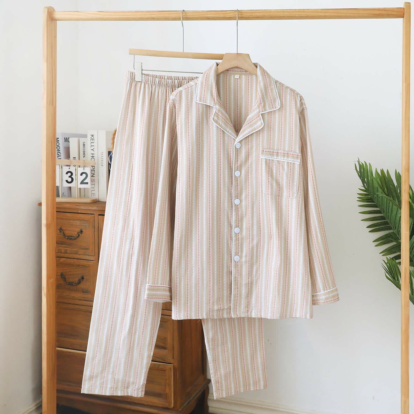 Ensemble de vêtements d'intérieur assortis en gaze de coton rayée - Kaki - Hommes - XXL - image 8