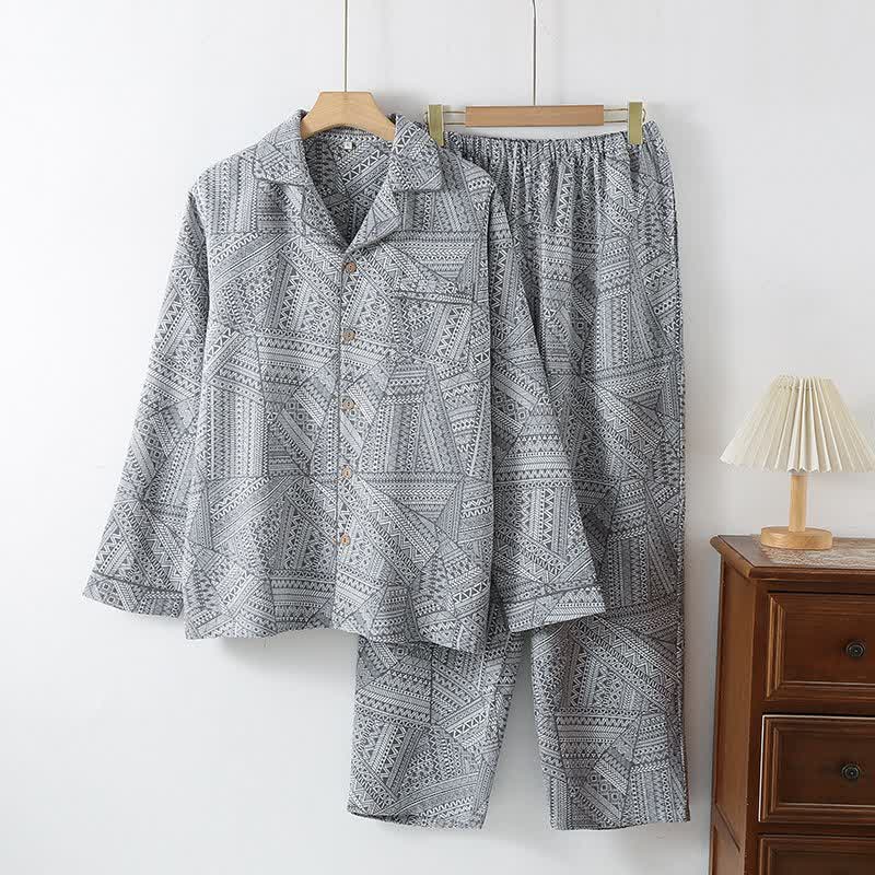 Ensemble de vêtements d'intérieur en gaze de coton à motifs géométriques - Gris - XXL - image 3