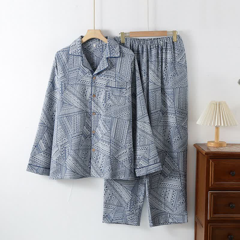 Ensemble de vêtements d'intérieur en gaze de coton à motifs géométriques - Bleu royal - XXL - image 4