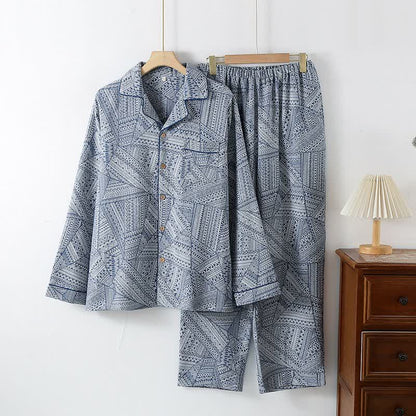 Ensemble de vêtements d'intérieur en gaze de coton à motifs géométriques - Bleu royal - XXL - image 4