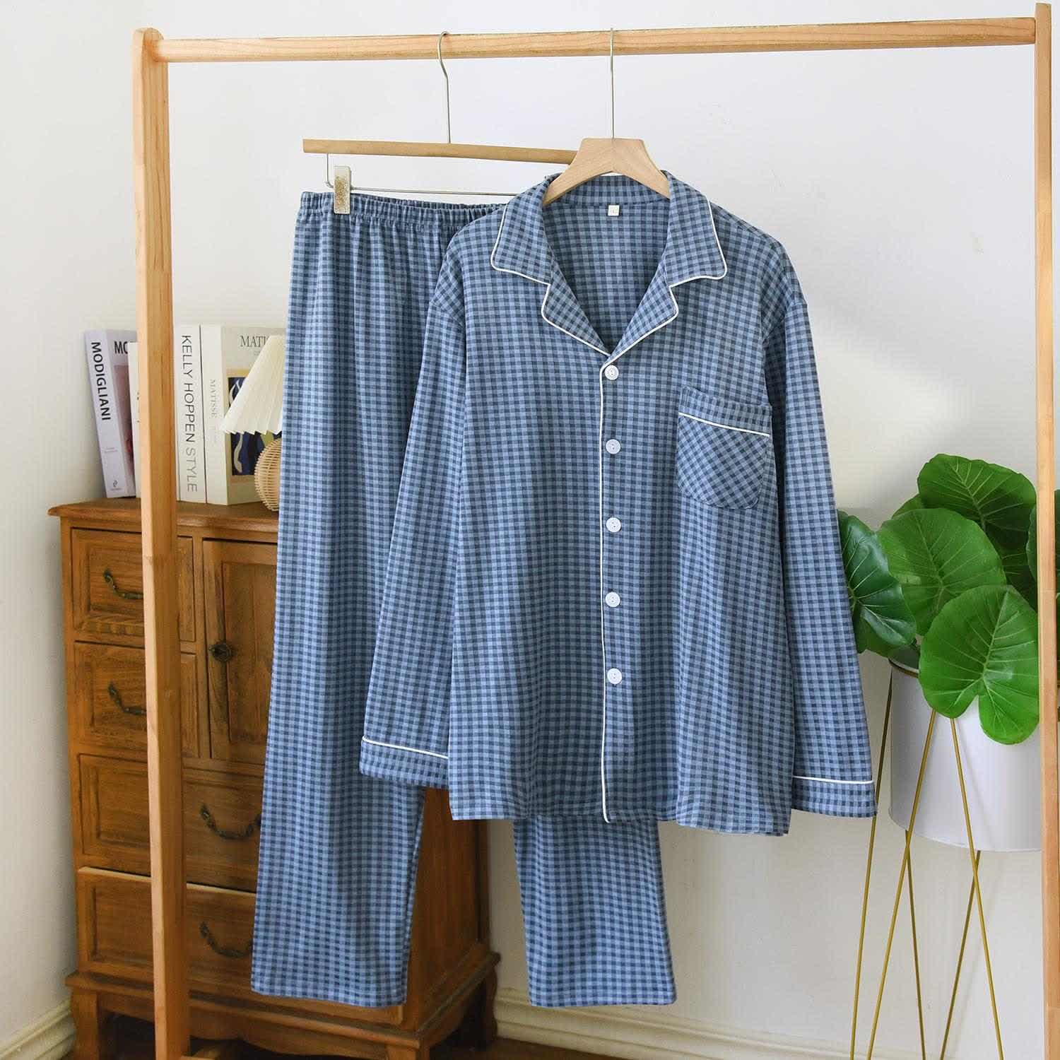 Ensemble de vêtements d'intérieur unisexe classique à carreaux - Bleu - XL - image 6