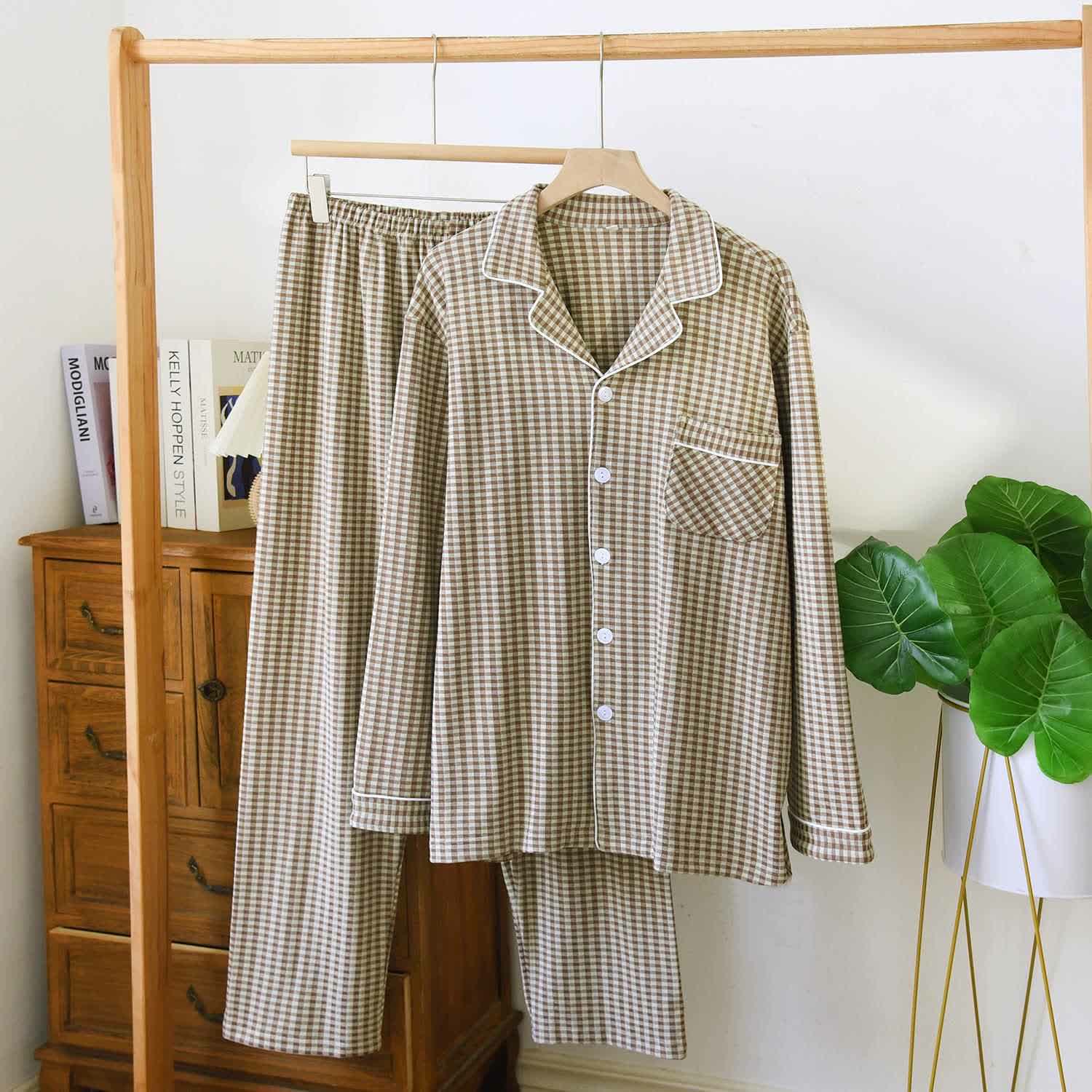 Ensemble de vêtements d'intérieur unisexe classique à carreaux - Café - XL - image 4