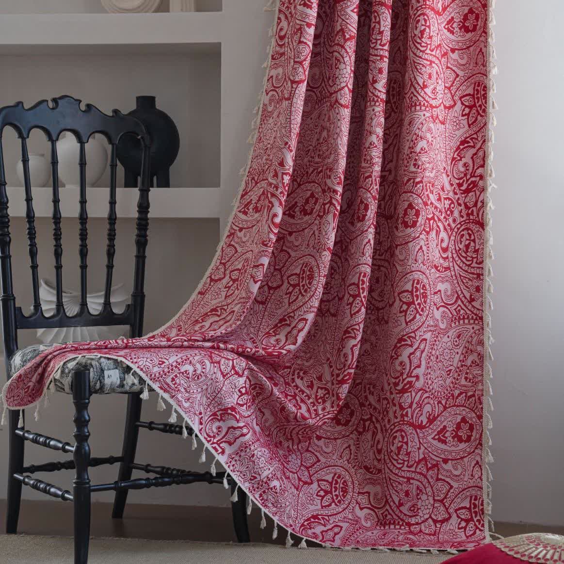 Rideau jacquard de style ethnique à motif cachemire - passe-tringle - Rouge - 150 cm x 260 cm - image 0