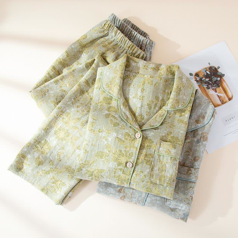 Ensemble de vêtements d'intérieur en gaze de coton à motifs de feuilles pastorales - image 1