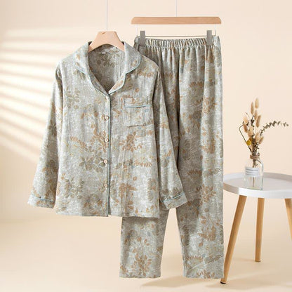 Ensemble de vêtements d'intérieur en gaze de coton à motifs de feuilles pastorales - Gris - XL - image 2