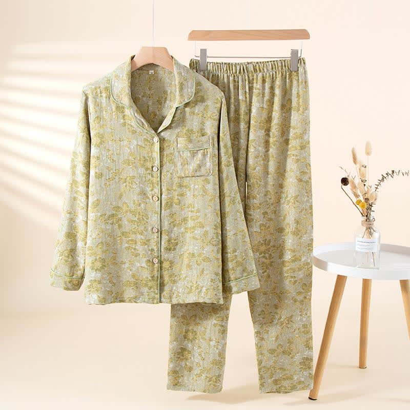 Ensemble de vêtements d'intérieur en gaze de coton à motifs de feuilles pastorales - Vert - XL - image 3