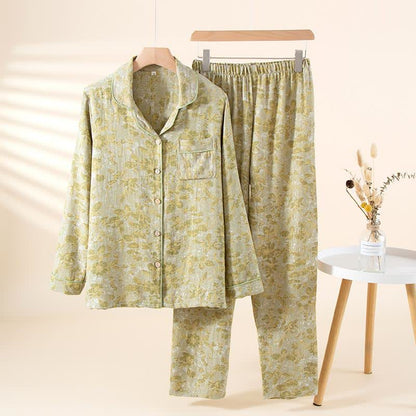 Ensemble de vêtements d'intérieur en gaze de coton à motifs de feuilles pastorales - Vert - XL - image 3