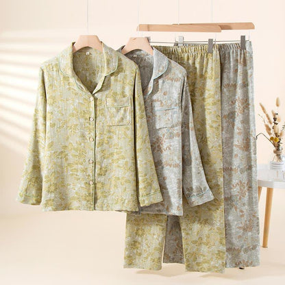 Ensemble de vêtements d'intérieur en gaze de coton à motifs de feuilles pastorales - image 0