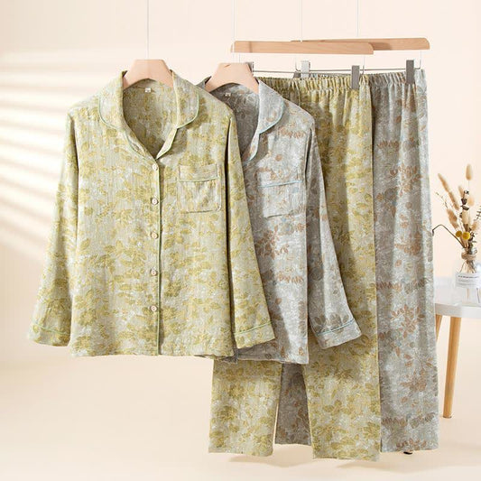 Ensemble de vêtements d'intérieur en gaze de coton à motifs de feuilles pastorales - image 0