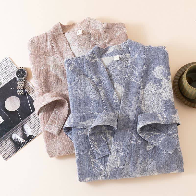 Peignoir kimono en coton et lin à motif floral - image 1