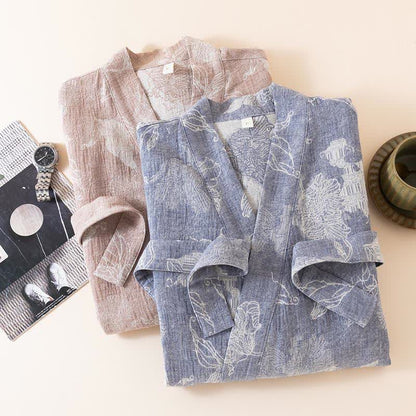 Peignoir kimono en coton et lin à motif floral - image 1