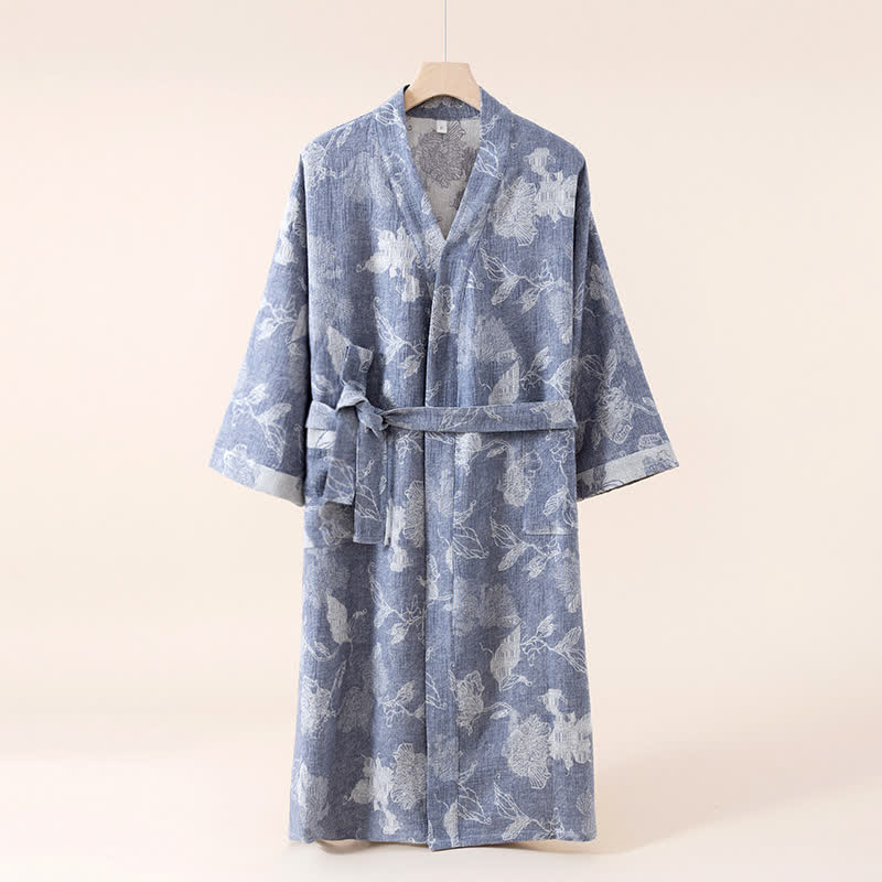 Peignoir kimono en coton et lin à motif floral - bleu foncé - Taille unique - image 2