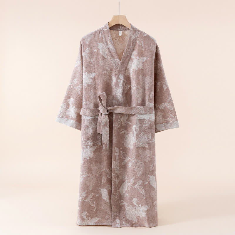 Peignoir kimono en coton et lin à motif floral - Kaki - Taille unique - image 9