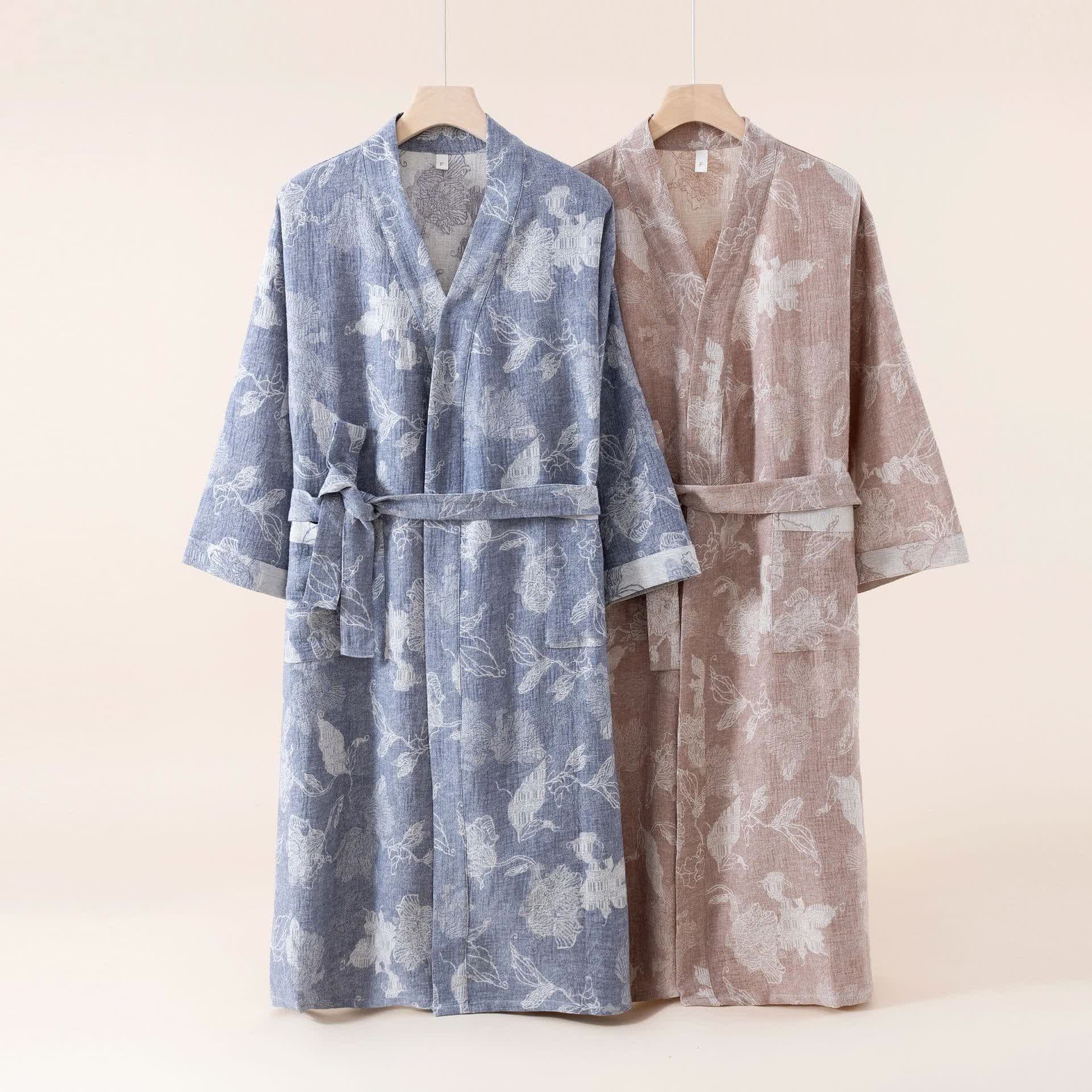 Peignoir kimono en coton et lin à motif floral - image 0