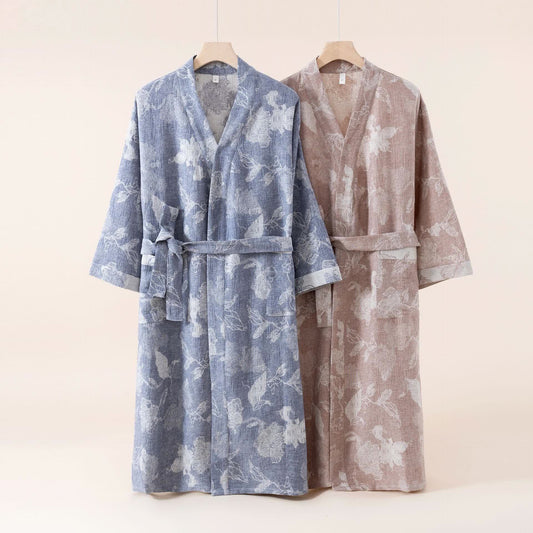 Peignoir kimono en coton et lin à motif floral - image 0