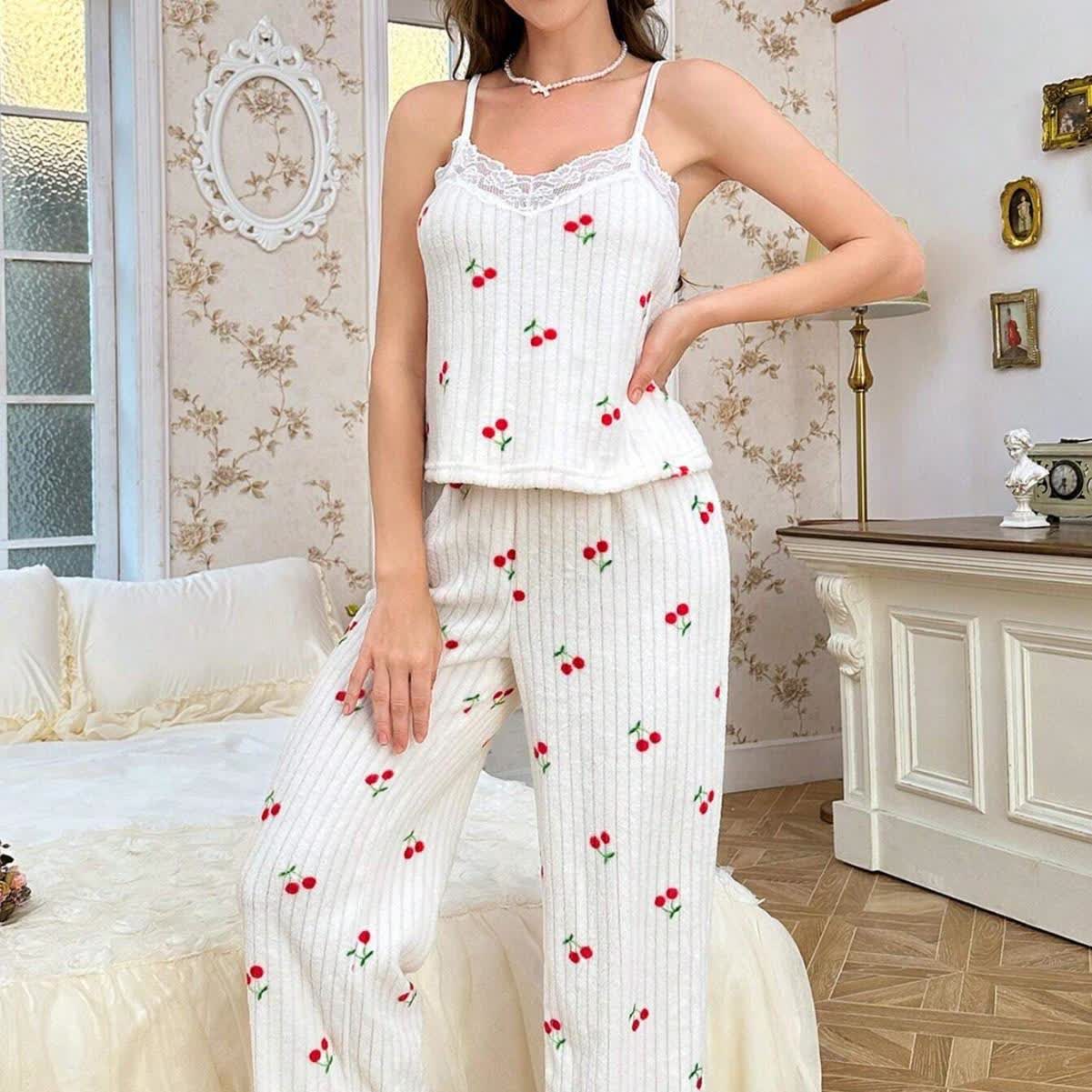 Ensemble pyjama imprimé cerises avec bordure en dentelle (3 pièces) - image 3